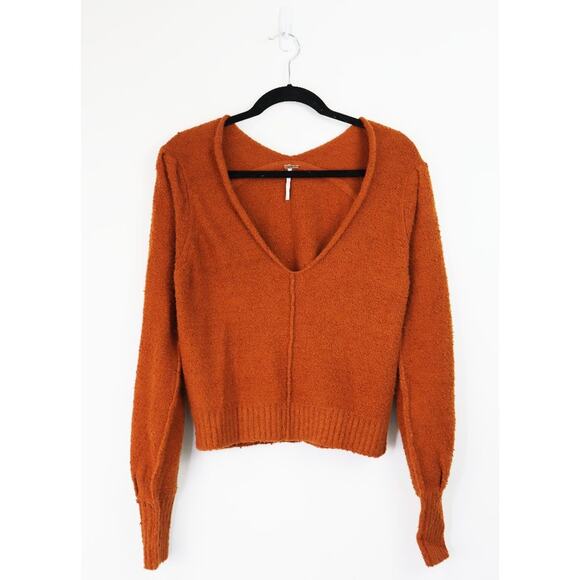 Free People Reverie V-Neck Rib Knit Sweater Balloon Sleeve Burnt Butter XS - Picture 4 of 10